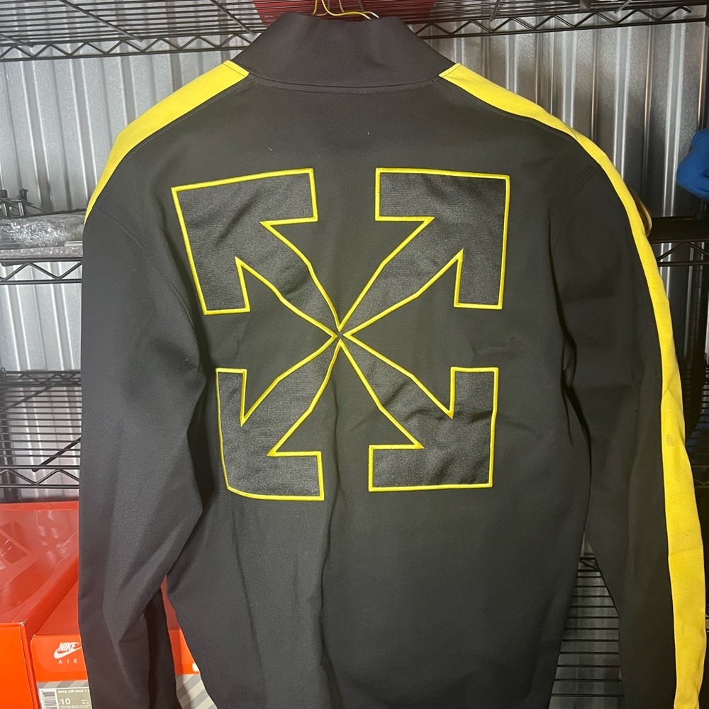 Off-White Black Jacket with Yellow Arrow Logo and Shoulder Stripes